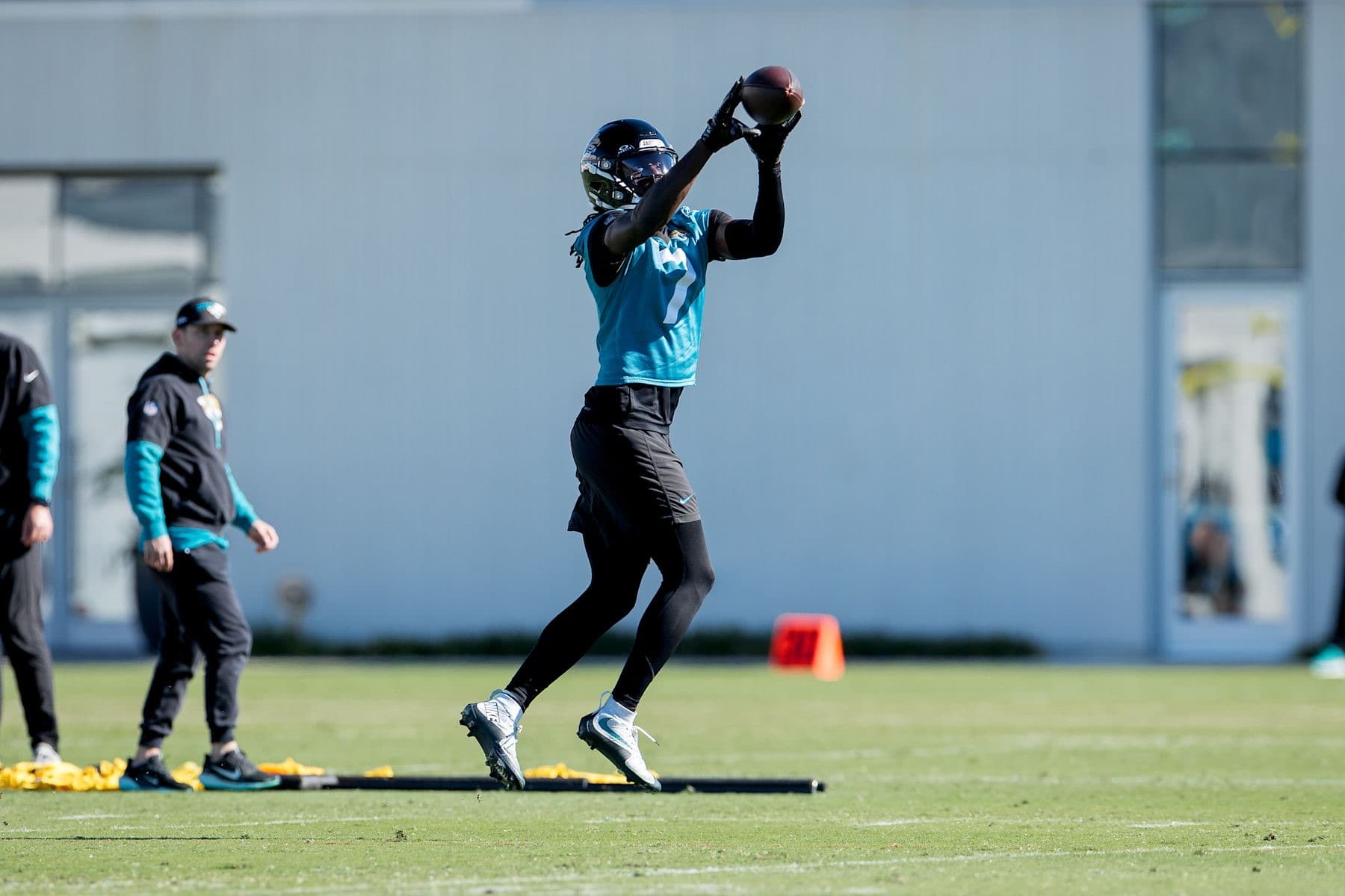 Brian Thomas Jr. catching a pass at Jacksonville Jaguars practice