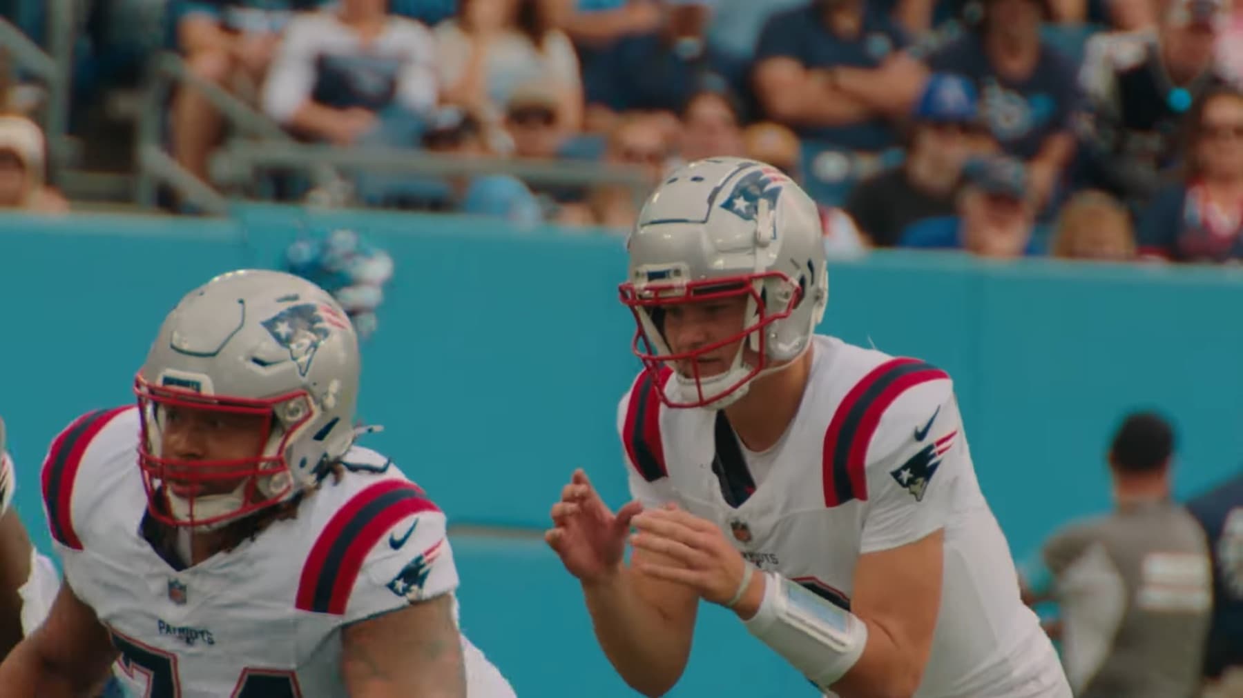 New England Patriots quarterback Drake Maye on the field against the Tennessee Titans