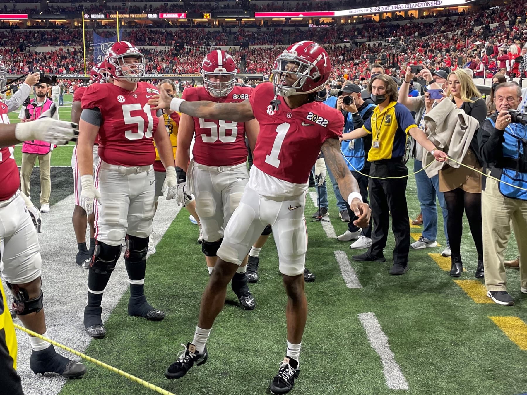 Jameson Williams walking off the field with Alabama after the 2022 national championship game