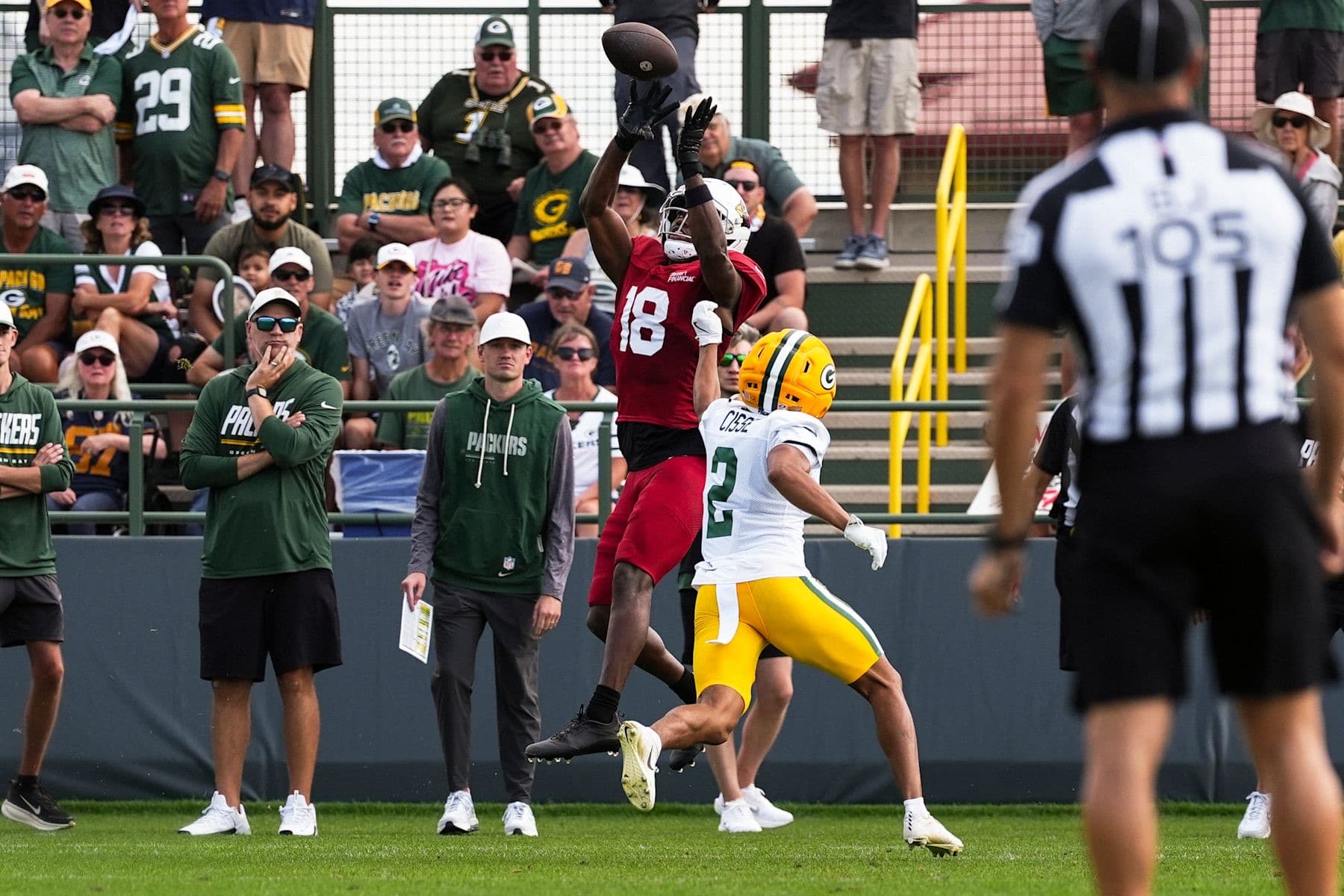 Marvin Harrison Jr. leaping for a catch at the Cardinals' joint practice with the Packers
